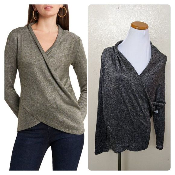 1. State Tops - 1.State Draped Cross-Front Top Blouse Medium in Silver Heather Long Sleeve